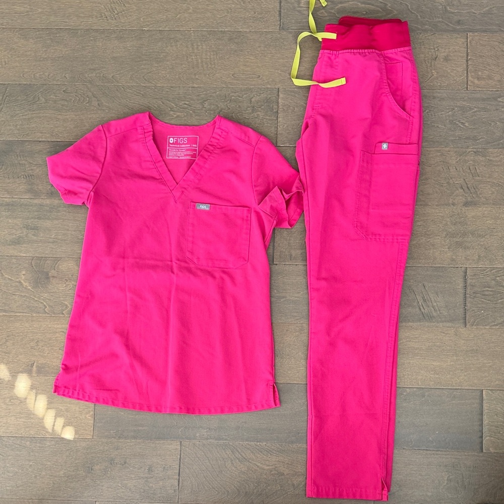 Figs Hot Pink V-Neck Scrub Top and Pants Set with Yellow Drawstrings